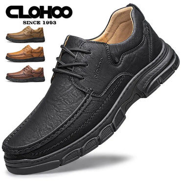 CLOHOO Men's Handmade Thick Rubber Bottom Breathable Casual Leather Shoes Classic Sewn Loafers Comfortable Leisure Footwear