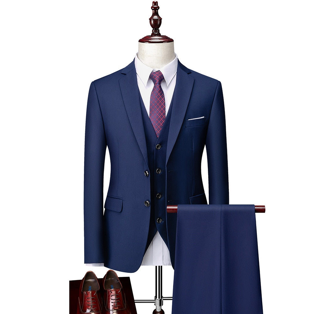 Luxury 3 Piece Men's Wedding Suit Fashion Men's Slim Solid Color Business Office Suit Sets Large Size Men Blazer+ Pants + Vest