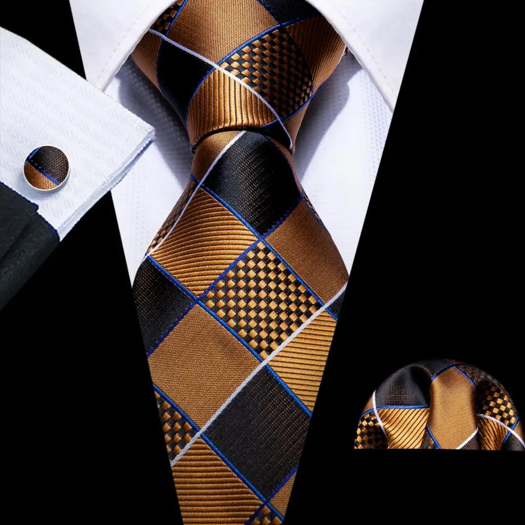 Barry.Wang Plaid Silk Men Tie Hanky Cufflinks Set Checked Jacquard Necktie for Male Formal Casual Wedding Business Party Events
