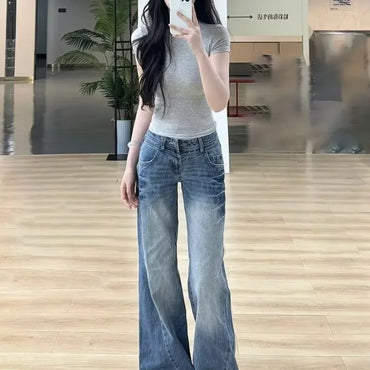 Womens Straight Jeans Leisure Comfortable Wide Leg Pants Solid Color Casual Trousers European American Trendy Bell-bottom pants