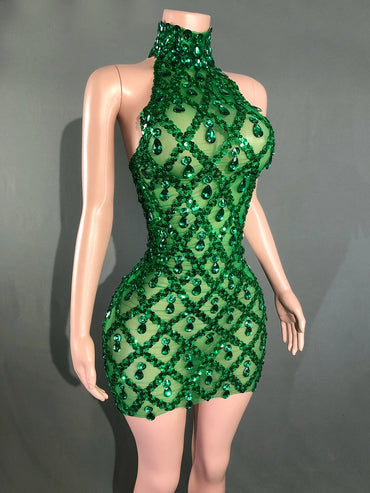 Sparkly Rhinestones Short Dress for Women Sexy Mesh Transparent Celebrate Evening Prom Event Birthday Dress Photo Shoot Wear