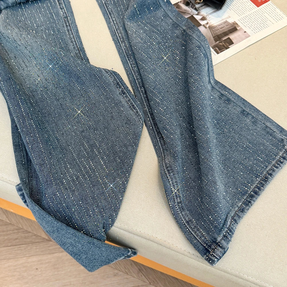 Women's Jeans Spring Retro Washed Diamond-encrusted Design Sense High-waisted Straight-leg Pants Loose Wide-leg Mopping Pants