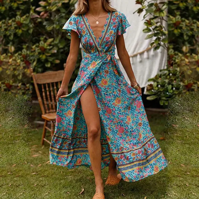Deep V Neck Summer Maxi Dress Women Floral Print Bohemian Lace Up Spli