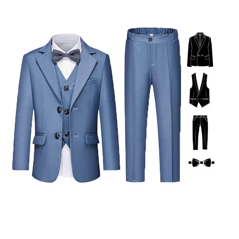 Gentleman Kids White Baptism Photograph Suit Children Slim Jacket Vest Pants Bowtie 4P Piano Dress Boys Prom Performance Costume