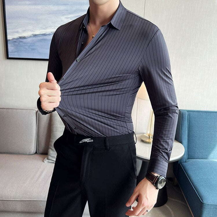 Plus Size 4XL-M High Elasticity Seamless Shirts Men Long Sleeve Slim Casual Luxury Shirt Social Formal Dress Shirts