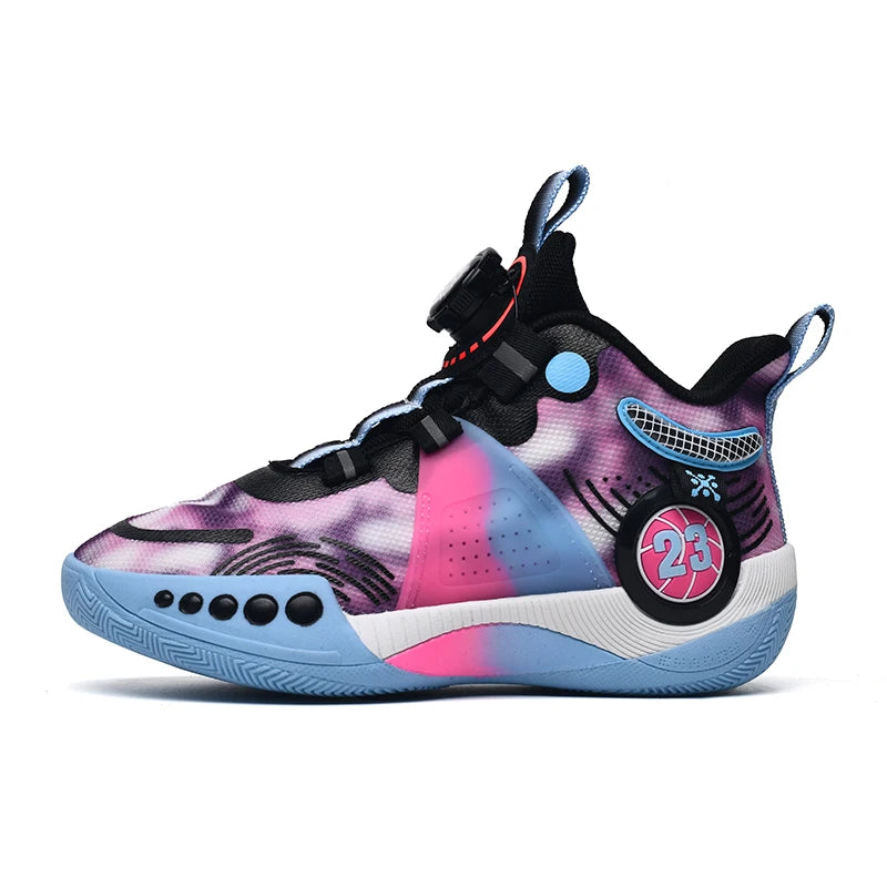 Children Sports Shoes Mesh Rotating Buckle Fashion Sports Shoes Breathable Anti Slip Wear-Resistant Basketball Boots for Kids