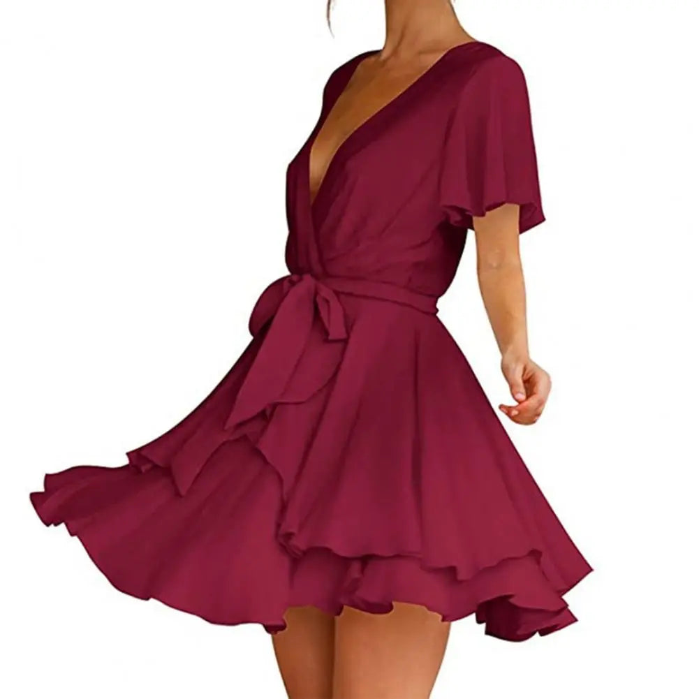Loose V-neck Lace-up Mini Dress Flowy Ruffle Hem Solid Color Short Sle Loose V-neck Lace-up Mini Dress Flowy Ruffle Hem Solid Color Short Sle