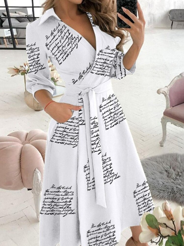 Dresses for Women 2023 Sexy Robe Mid Length Fashion Print Polo Neck Small Style Lace Up Waist Dress Long Summer Dresses Ladies