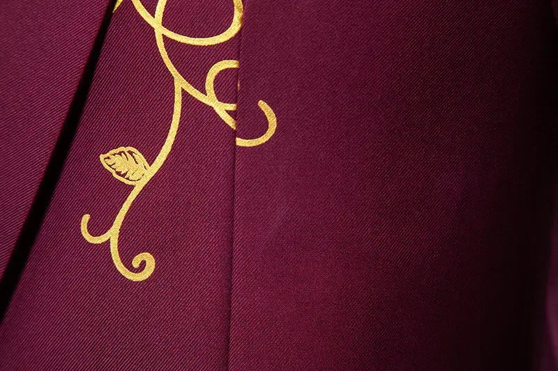 Metal-printed Men's Long-sleeved Suit Jacket, White V-neck Blazers, Wine Red Wedding Party Performance Coat.European Sizes M-3XL