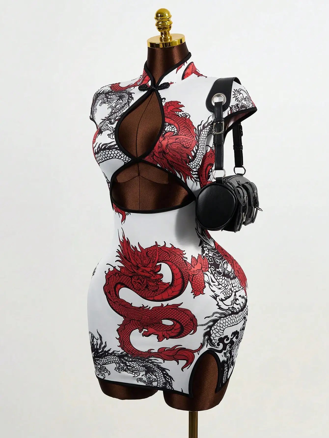Women's Chinese Dragon Print Hollow-Out Bodycon Dress with Puff Sleeve and Button Detail