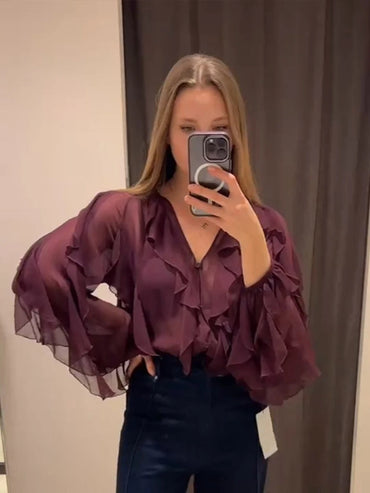 Spring Solid Ruffle Blouse Women 2025 New V Neck Single Breasted Long Sleeve Blouses Vintage Fashion Casual Shirt Tops Female