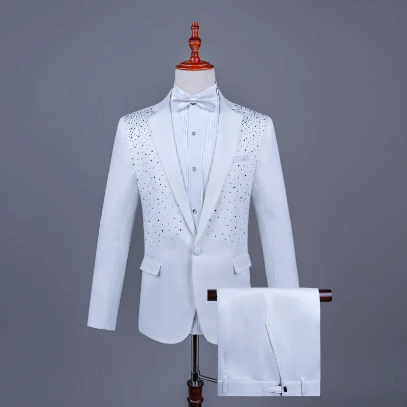 2025 New Black and White Hot Diamond Suits for Men 2-piece,Male Group Chorus/Singer Host/Anchor Dress Performance MC Blazer+Pant