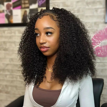 Deep Curly Half Wig Human Hair 200% Density 3 In 1 Half Wigs for Women Drawstring Seamless Flip Headband Wig Beginner Friendly