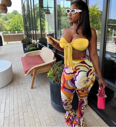 Bandage Two Piece Set Women Outfits Sexy Lace Up Tube Crop Top + Prints Flare Pants Skinny Club Sets Summer Casual Tracksuit y2k