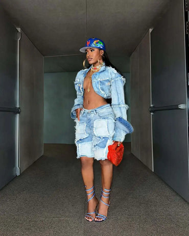 Shorts Pant Set Women Two Piece Sets Denim Turn Down Collar Matching Sets Tops Knee Length Pants High Waist Y2k Streetwear
