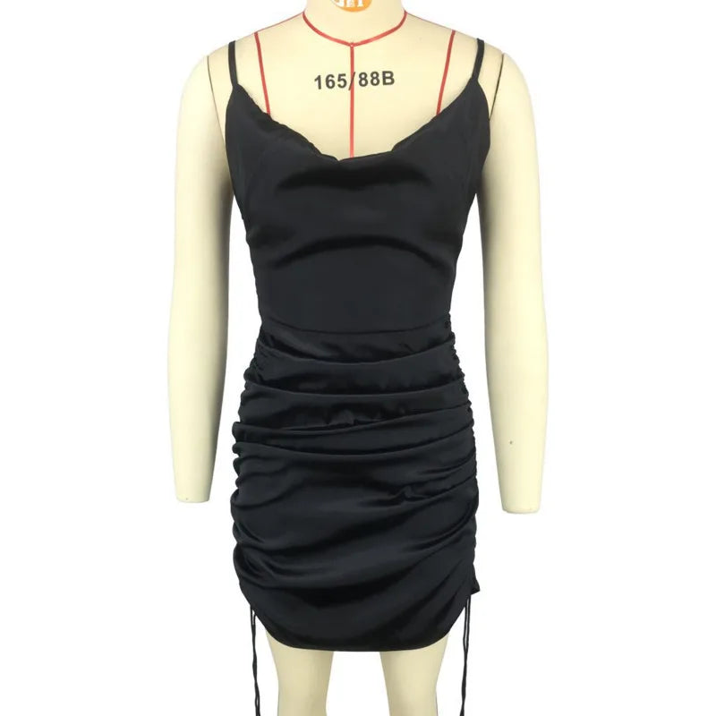 Josiaoprah Satin Mini Summer Dress Women Ruched Pleated Sleeveless Short Beach Dress Drawstring Casual Dress Female Vestidos