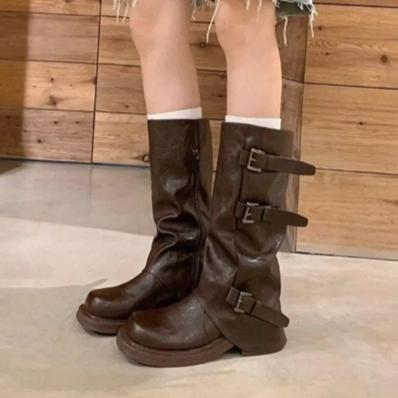 High Boots Fashion New Round Toe Platform Metal Belt Buckle Anti-slip Wear-resistant Block Heel Single Boots