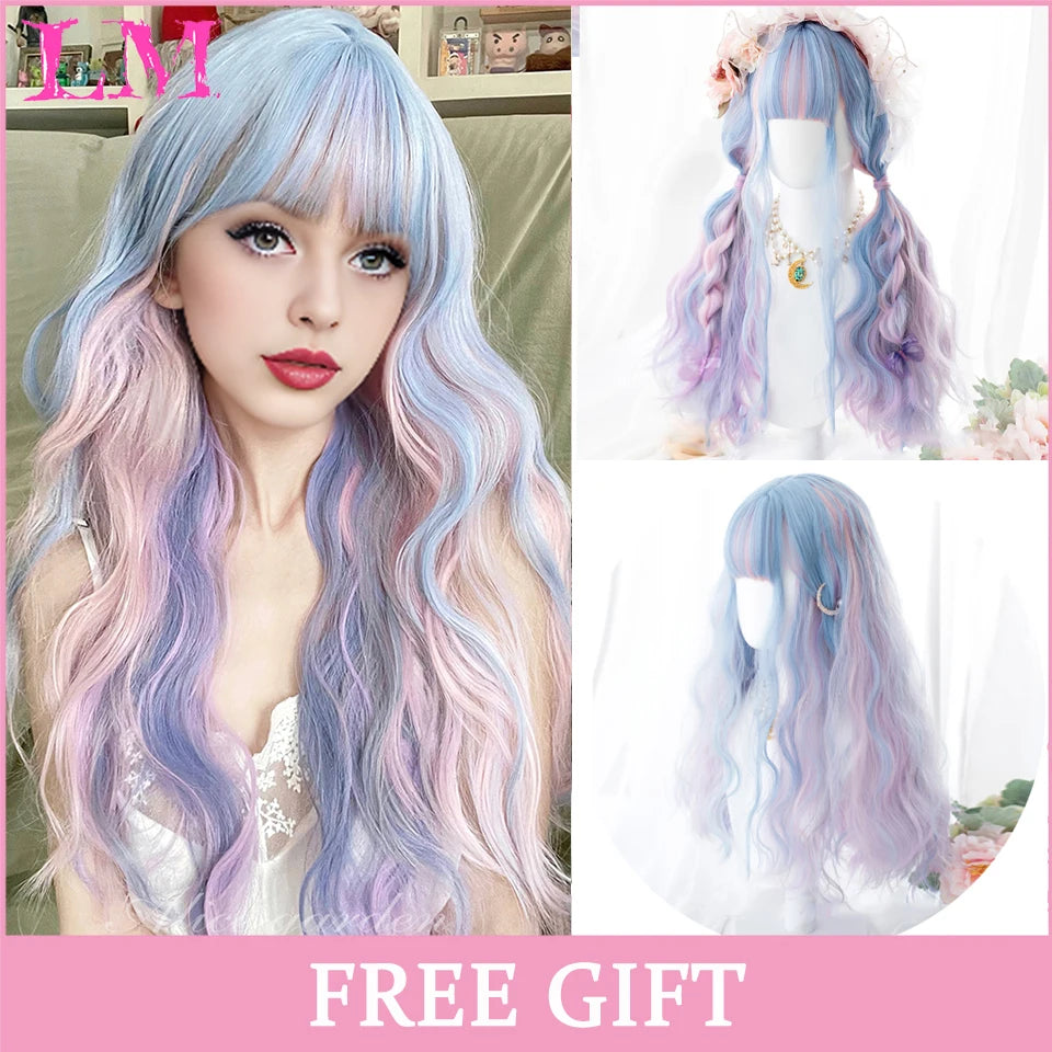 LM Synthetic Black Wig with Long Ponytail Short Straight Wig Lolita Cosplay Party Harajuku Blonde Wig With Bangs for Women