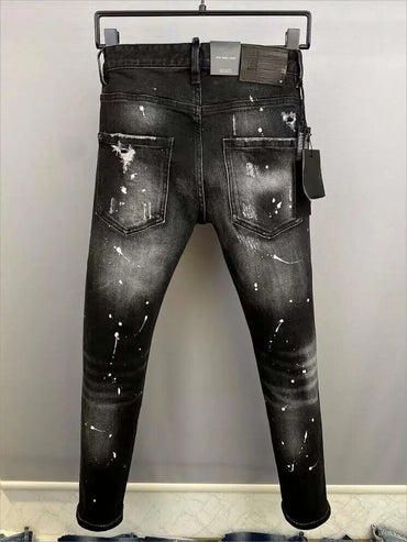 Fashion Men's Hole Spray Painted Letter Printing Jeans Casual Trendy High Street Denim Fabric Pants 9859#