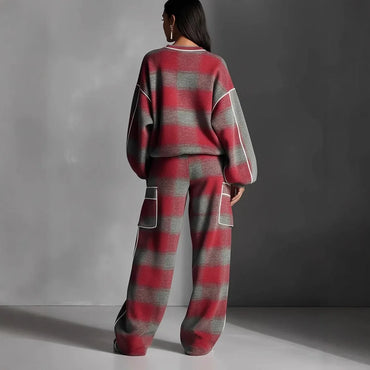 2026 Women's Plaid Vintage Street Style Color-Block Trim Pants Set Spring Summer