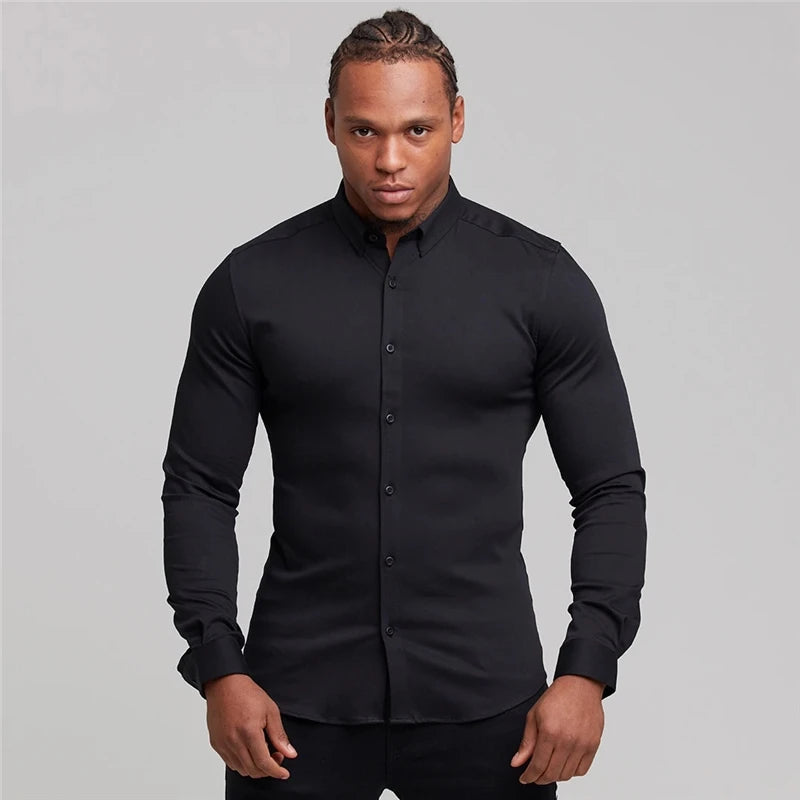 New Autumn Fashion Mens Solid Color Turn-down Collar Button Super Slim Fit Shirts Spring Long Sleeve Business Dress Shirt