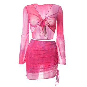 Womens Tie-Dye Long Sleeve Lace-Up Crop Top and Side Ruched Drawstring Mini Skirt Set Summer Bikinis Cover Up Beachwear