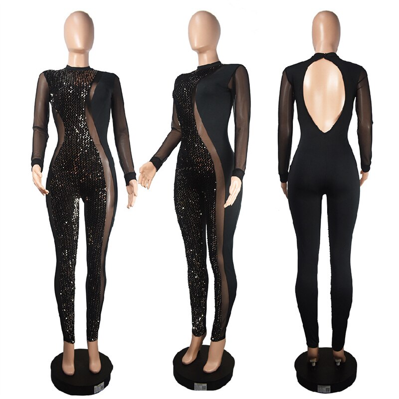 Sexy Mesh Sequin Patchwork See Through Catsuit Jumpsuit Women Party Night Going Out Outfits Club Outfits Backless Bodycon Romper