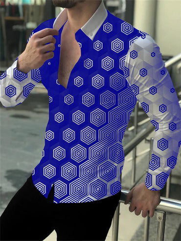 Shirt Men Lapel Stand Collar Fashion Casual Blue Purple Geometric Outdoor Street Party High Quality Fabric 2023 New Plus Size