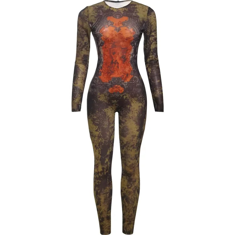 Sisterlinda Printing Slim O-Neck Long Sleeve Jumpsuit Women Sexy Popular Body-shaping Vestidos Girl Party Leisure Pencil Pants