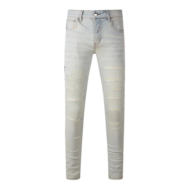Fashion Top Quality Streetwear Distressed Men's Jeans Vintage Low Rise Stretch Skinny Button Fly Ripped Hold Pants