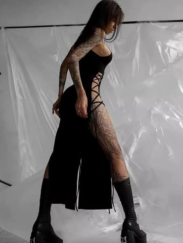 2025 Summer Fashion Women's Dress Sexy High slit Dress Slim Black Dress