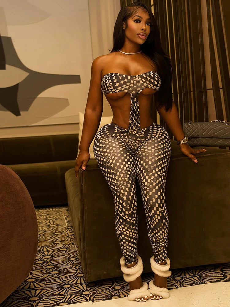 Weird Puss Waistless Strapless Jumpsuit Women Sexy Coquette Midnight Workout Hipster Stretch Mosaic Print Clubwear Slim Overalls