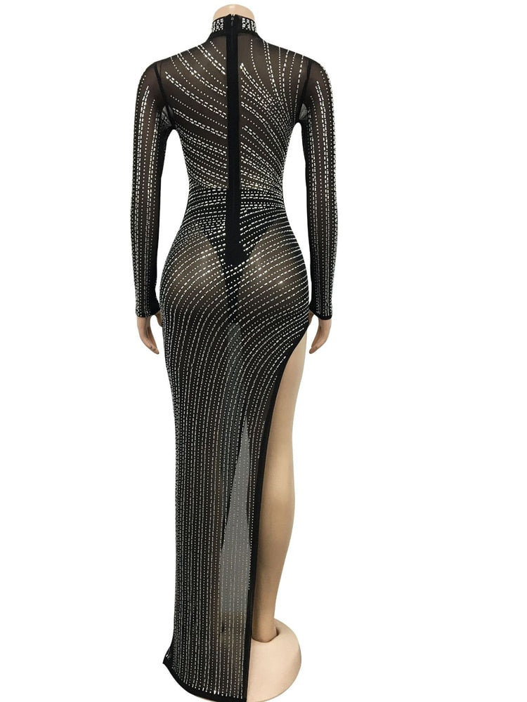 Kricesseen Sexy Black Mesh Crystal Side Slit Irregular Maxi Dress New Women Long Sleeve Bodycon Party Dress Night Clubwear Gowns