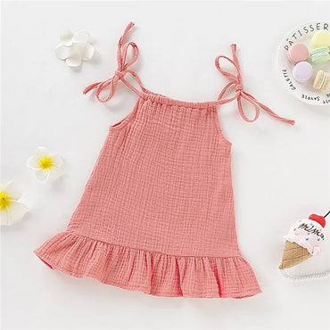 1-5 Years Old Kid Girl Summer Breathable Cotton Slip Dress Adjustable Solid Color Halter Dress Toddler Girl Holiday Beachwea