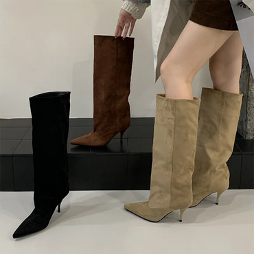 Aneikeh Autumn Winter Fashion Long Booties Shoes Thin Heels Concise Pointed Toe Pleated Knee-High Boots WomenZapatos De Mujer