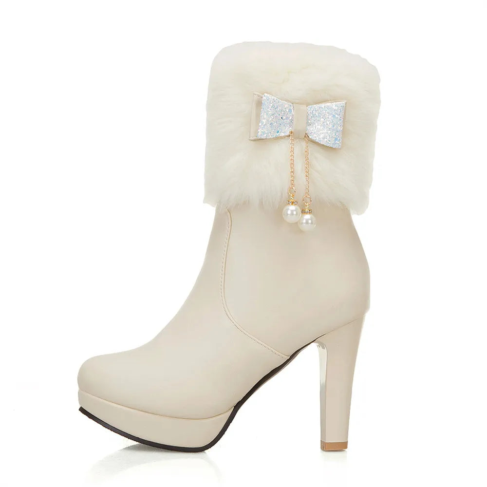 2025 Winter Womens Fashion High Heel Boots Pink White Black Fur Tassel Bowtie Lovely Lolita Ladies Party Wedding Shoes size32-43