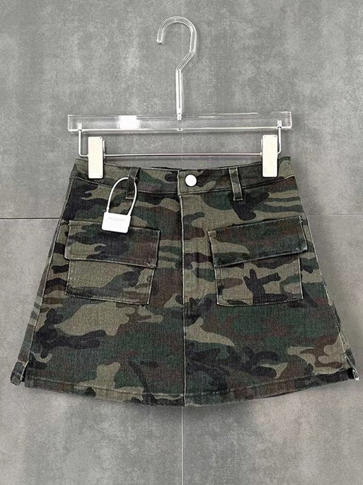 Zoki Sexy Women Streetwear Camouflage Cargo Skirt High Waist American Retro Mini Skirts Harajuku Female Pockets A Line Skirt New
