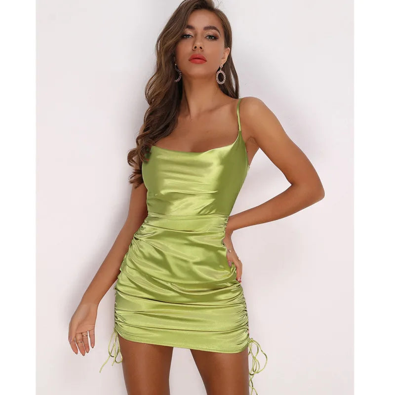 Josiaoprah Satin Mini Summer Dress Women Ruched Pleated Sleeveless Short Beach Dress Drawstring Casual Dress Female Vestidos