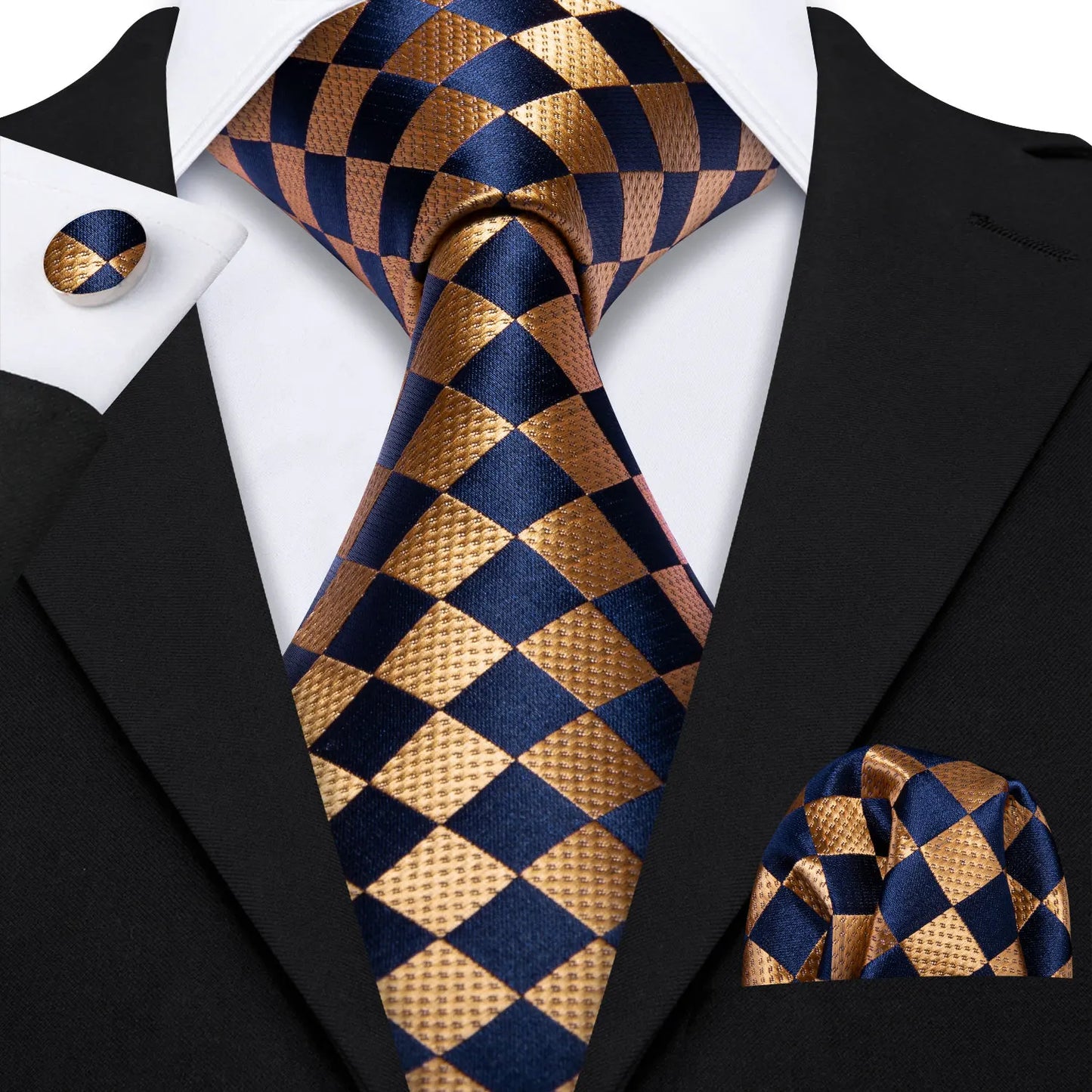 Barry.Wang Plaid Silk Men Tie Hanky Cufflinks Set Checked Jacquard Necktie for Male Formal Casual Wedding Business Party Events
