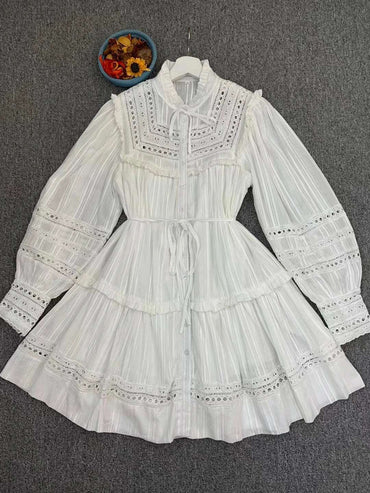 100% Cotton Embroidery Hollow Out Long Lantern Sleeve Knee-length White Pink Blue Loose Dresses with Sashes