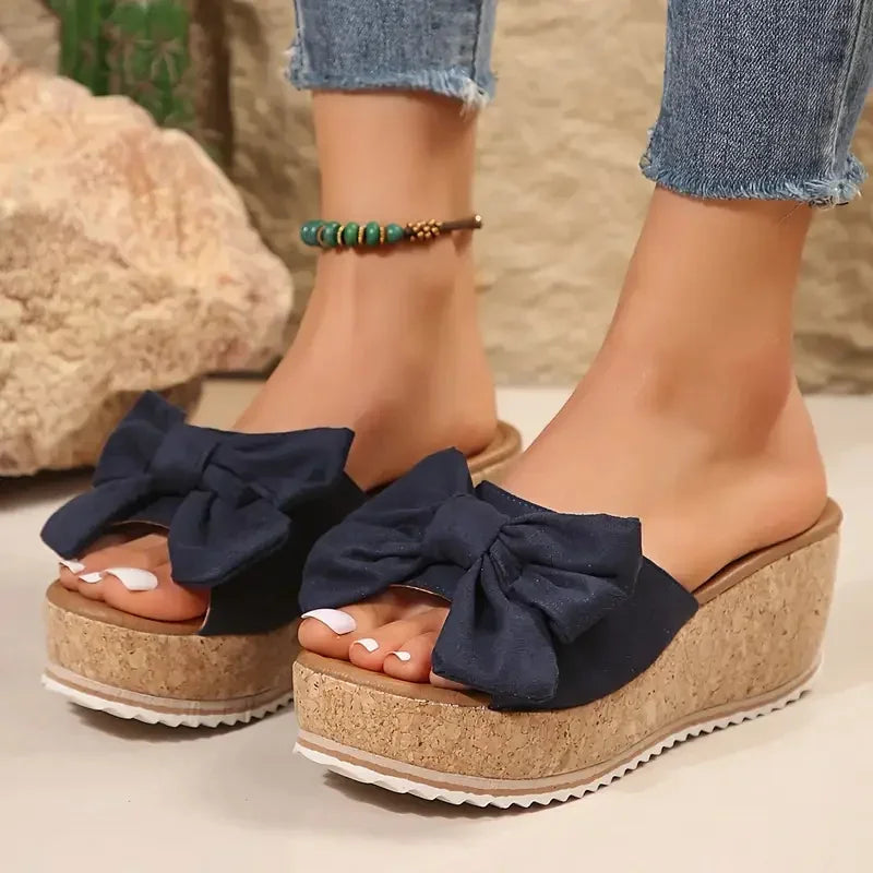 Women Wedge Slippers 2025 Leisure Large Size Shoes Women Platform Outdoor Sandals Leopard Print Bow Tie Slippers Slides Women