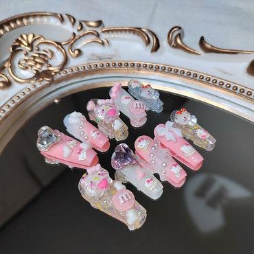 10PCS Sanrio Manicure Hello Kitty Cute Cartoon Resin Hand Carved Nail Three Dimensional Relief Kawaii Girl Nail Decoration Gifts