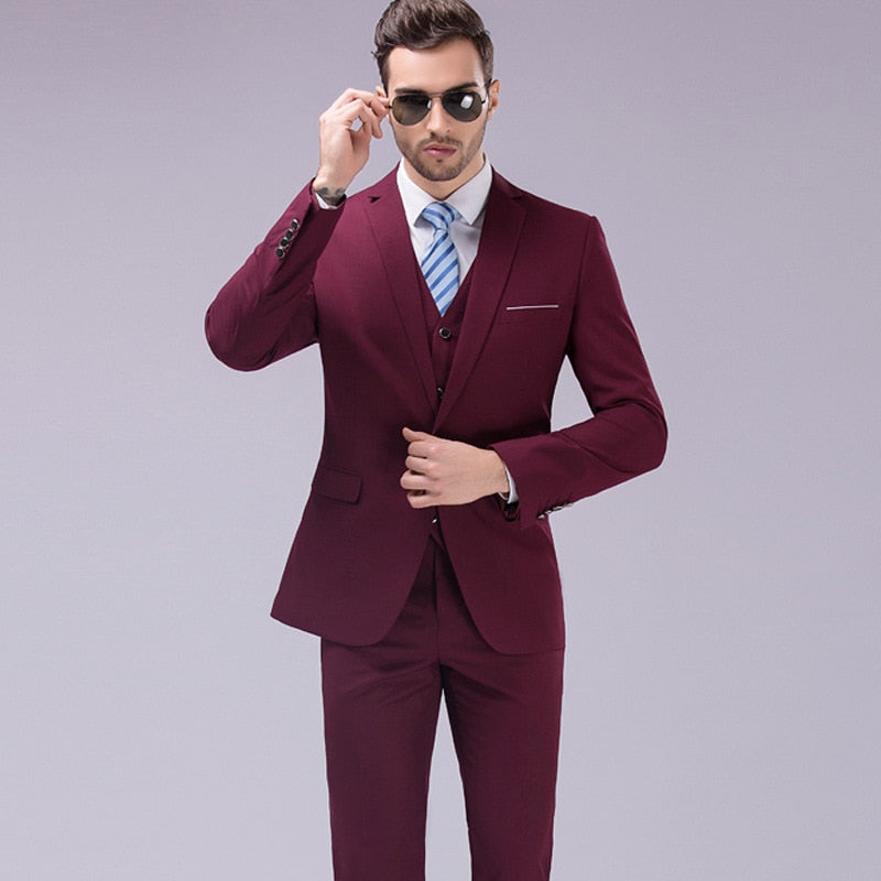 Luxury 3 Piece Men's Wedding Suit Fashion Men's Slim Solid Color Business Office Suit Sets Large Size Men Blazer+ Pants + Vest