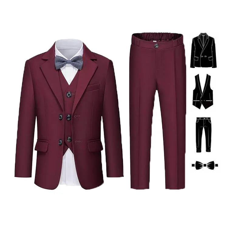 Gentleman Kids White Baptism Photograph Suit Children Slim Jacket Vest Pants Bowtie 4P Piano Dress Boys Prom Performance Costume