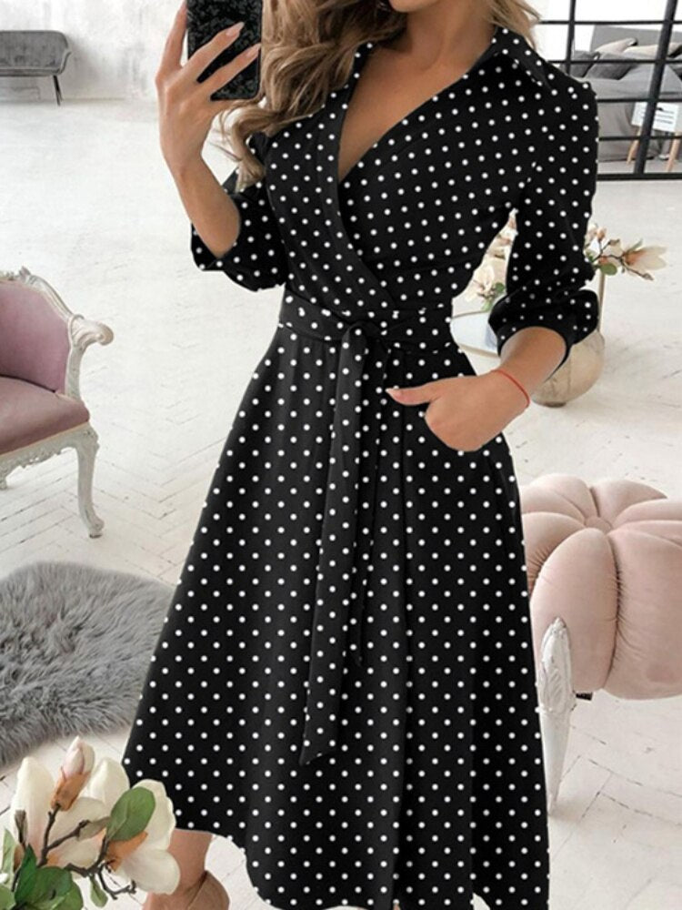 Dresses for Women 2023 Sexy Robe Mid Length Fashion Print Polo Neck Small Style Lace Up Waist Dress Long Summer Dresses Ladies