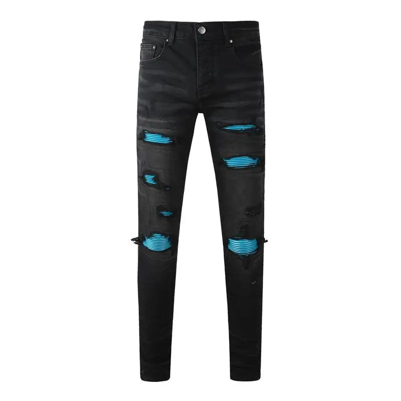 Fashion Top Quality Streetwear Distressed Men's Jeans Vintage Low Rise Stretch Skinny Button Fly Ripped Hold Pants