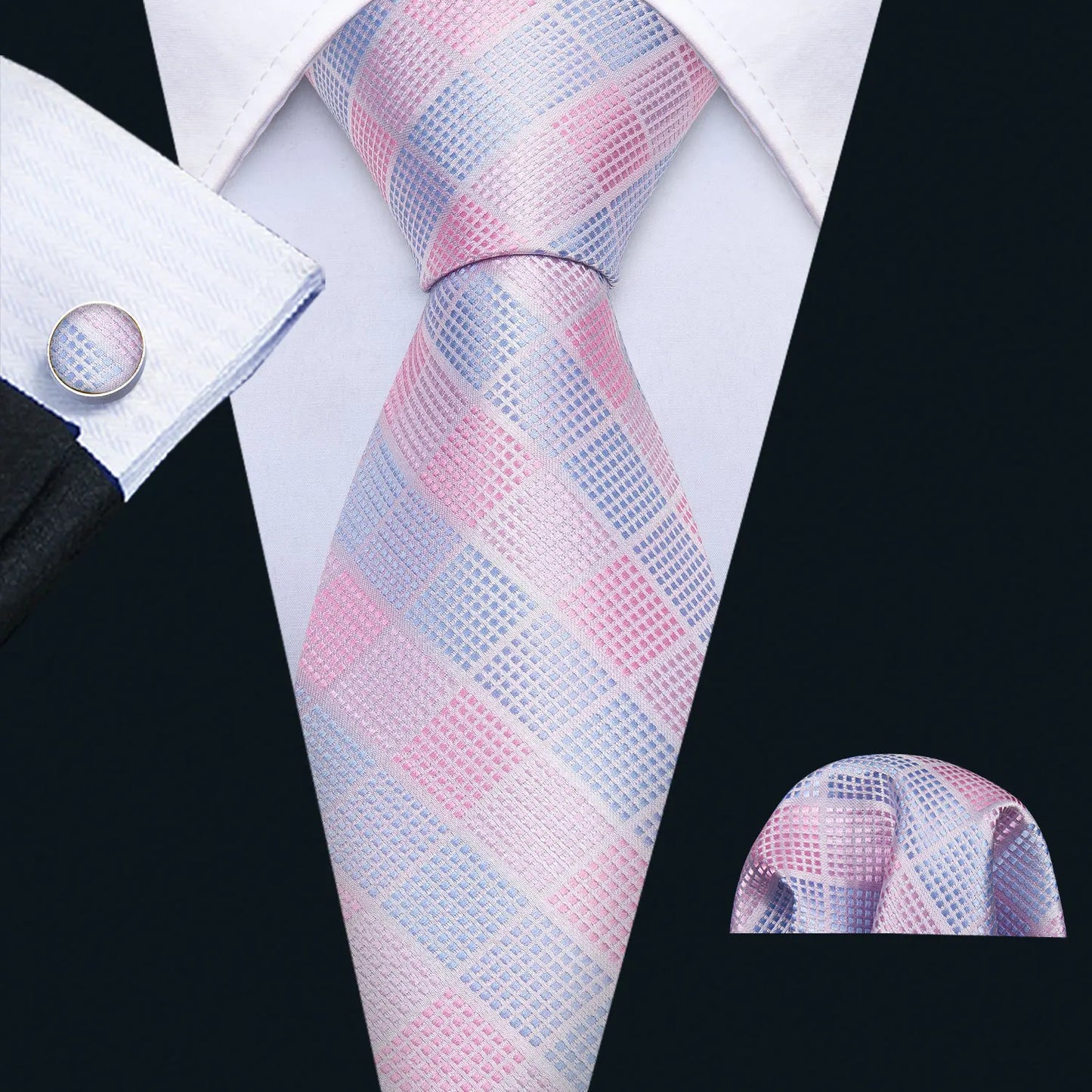 Barry.Wang Plaid Silk Men Tie Hanky Cufflinks Set Checked Jacquard Necktie for Male Formal Casual Wedding Business Party Events