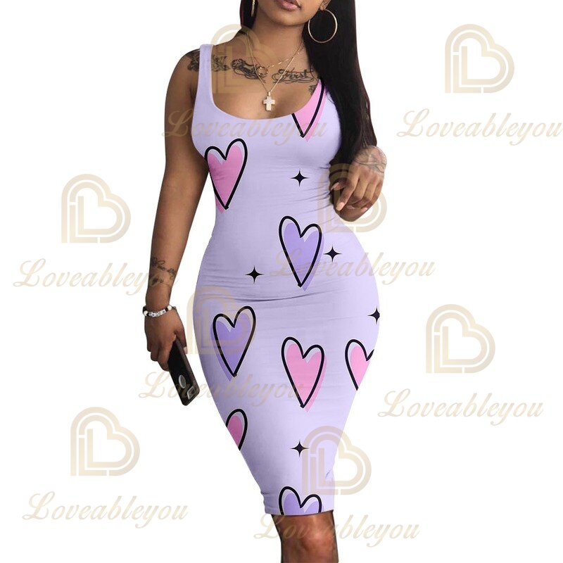 Footprints Heart-shaped Printed Sleeveless Slim Vest Dress Women Sexy Party Dresses O-Neck Backless Female Casual Robe