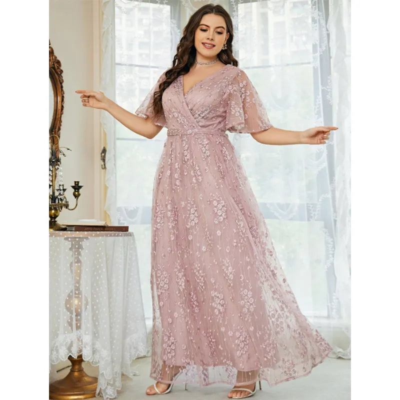 pink loose dress 2023 Plus Size V Neck Embroidered Pink Loose Dress 5XL6XLMaxi Loose El