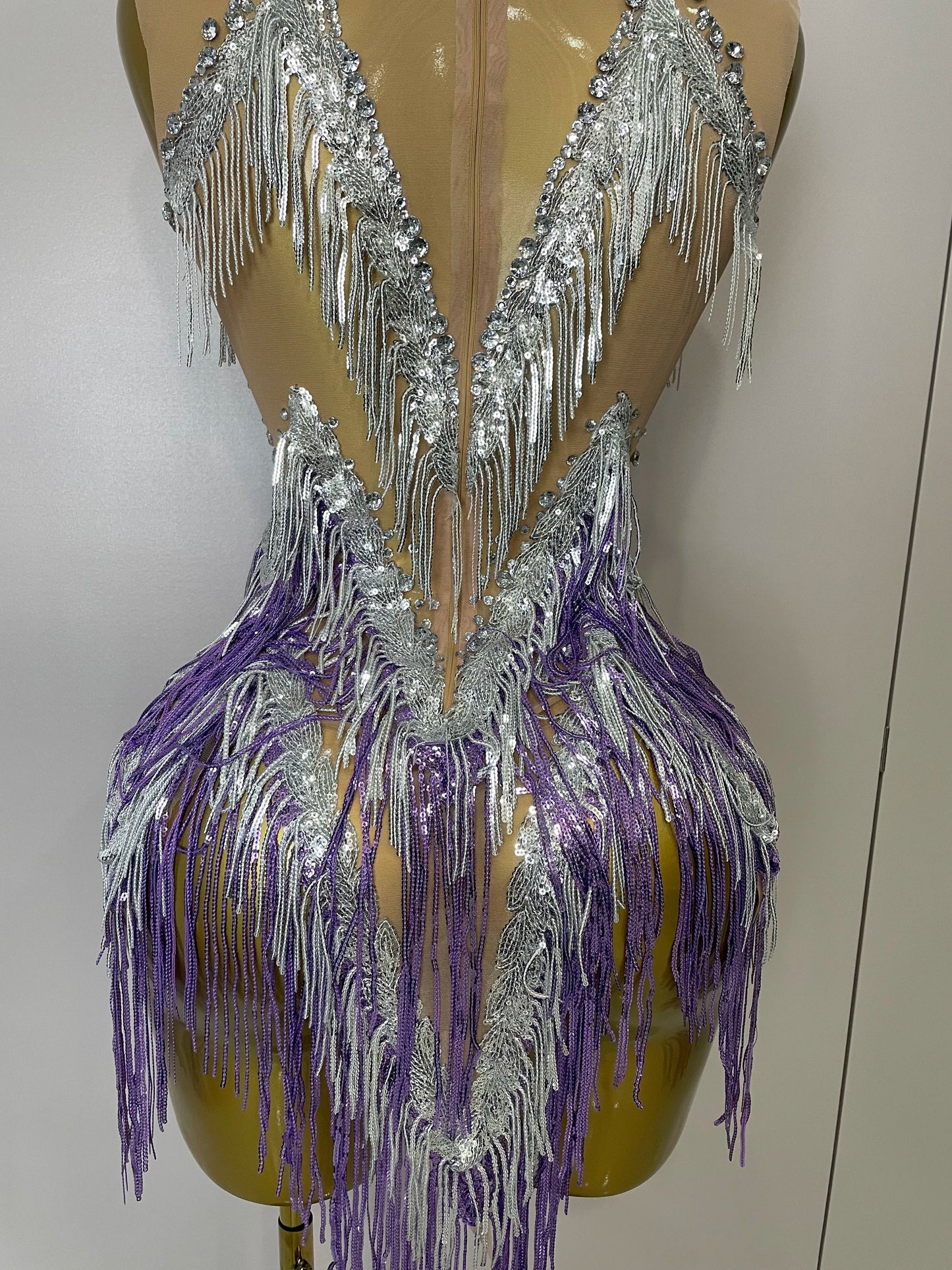 Stock 2025 Women Sexy Stretch Mesh Sparkly Rhinestone Tassels Mini Dress Nightclub Singer Dance Stage Costume Evening Gowns